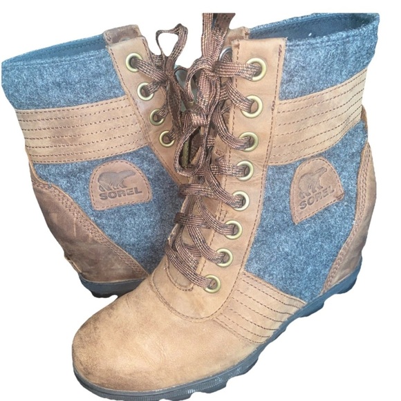 Sorel Lexie Women’s Wedge Hiking Boots Brown Leather Gray Felt Lace Up US Size 8 - Picture 1 of 9